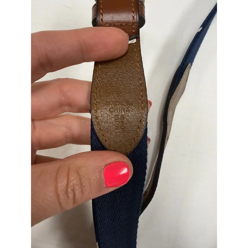Polo Ralph Lauren Polo Bear Silk/Nylon Belt Navy Blue Brown Leather Size 36
